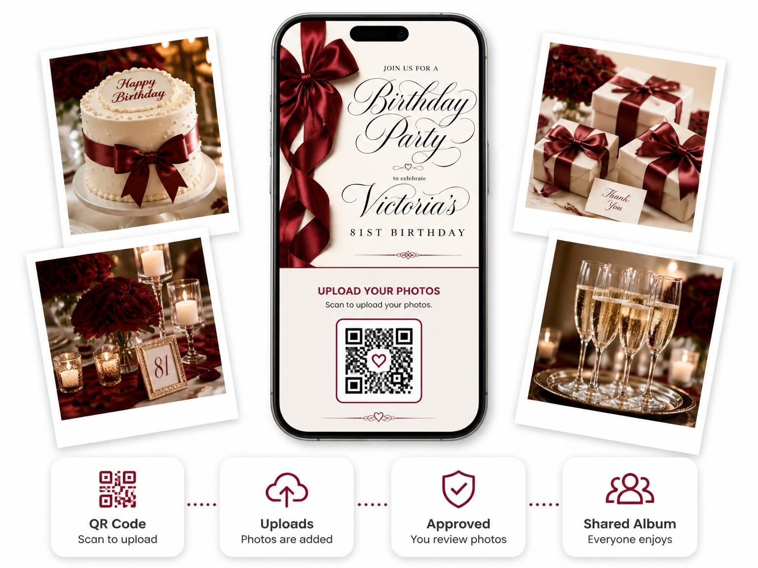 The shared photo gallery that comes with the Burgundy Satin Bow 81st Birthday Invitation invitation