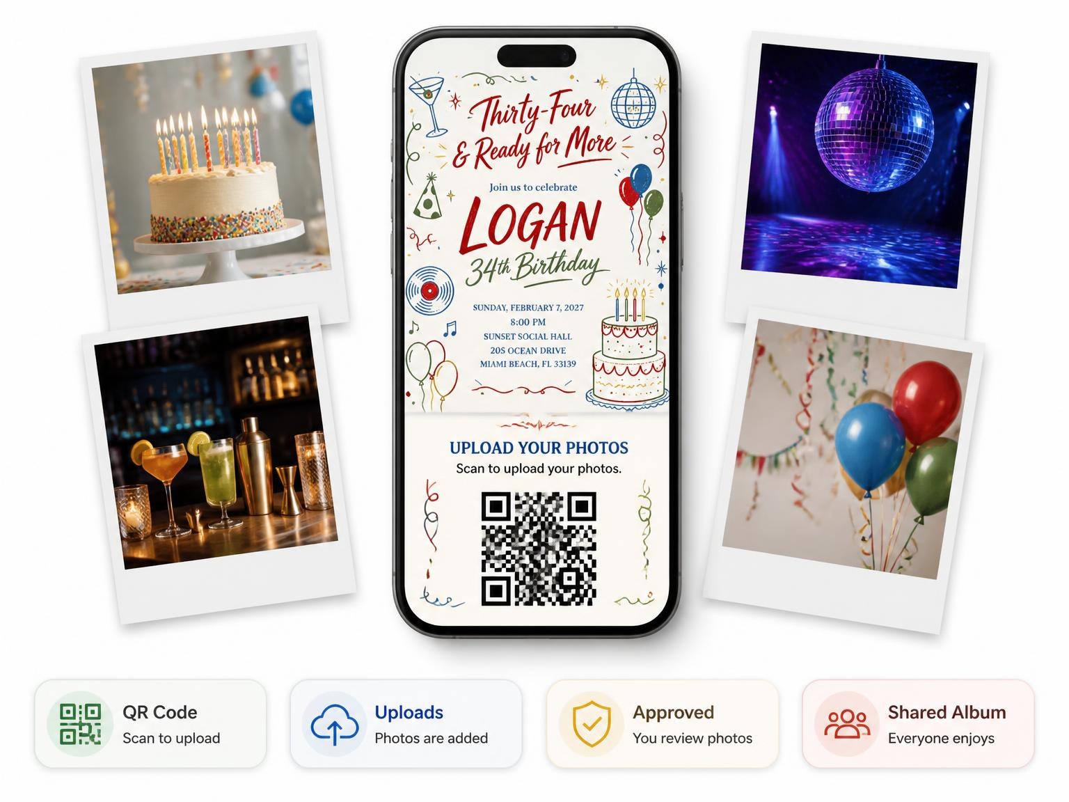 The shared photo gallery that comes with the Retro Doodle 34th Birthday Invitation invitation