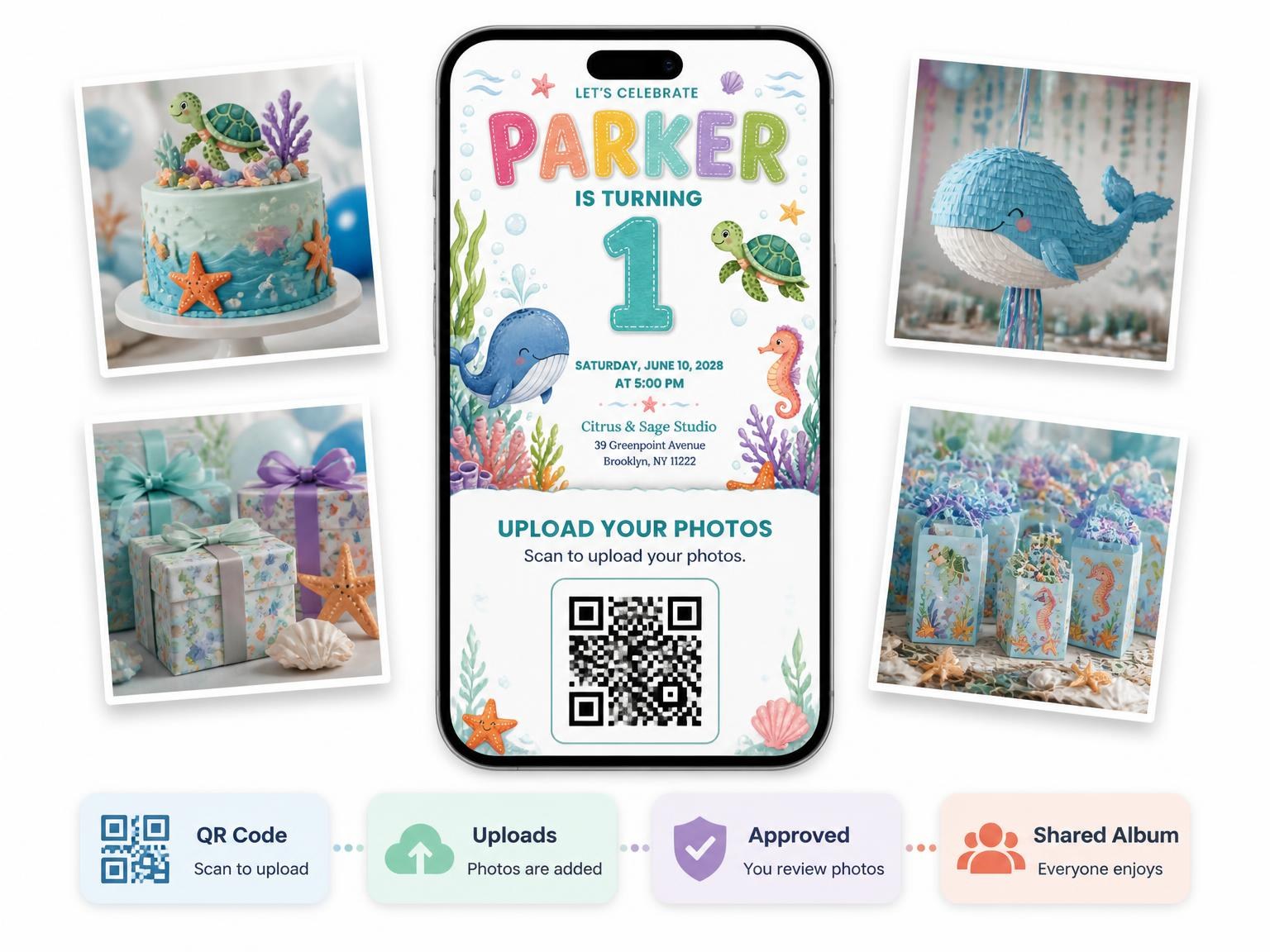 The shared photo gallery that comes with the Stitched Under the Sea 1st Birthday Invitation invitation