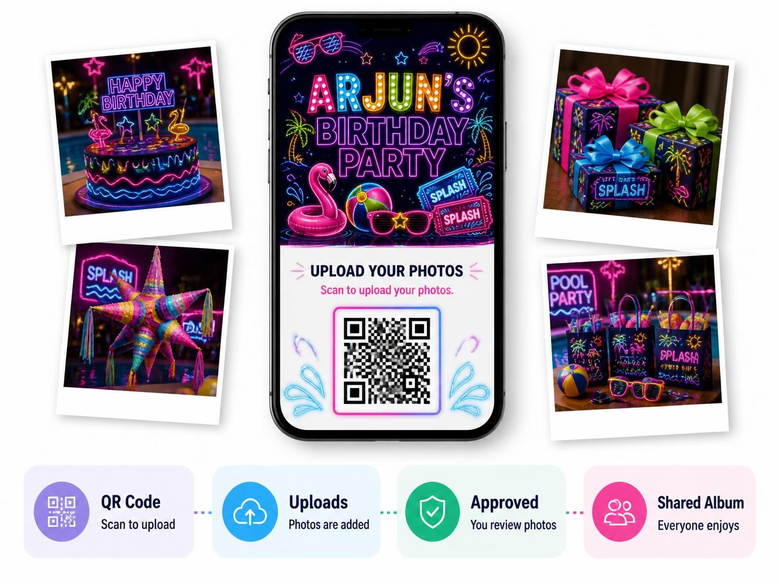 The shared photo gallery that comes with the Neon Pool Party 24th Birthday Invitation invitation