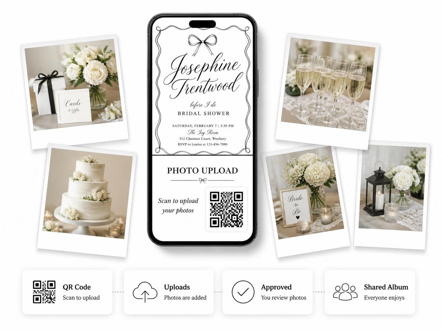 The shared photo gallery that comes with the Minimalist Black Bow Bridal Shower invitation