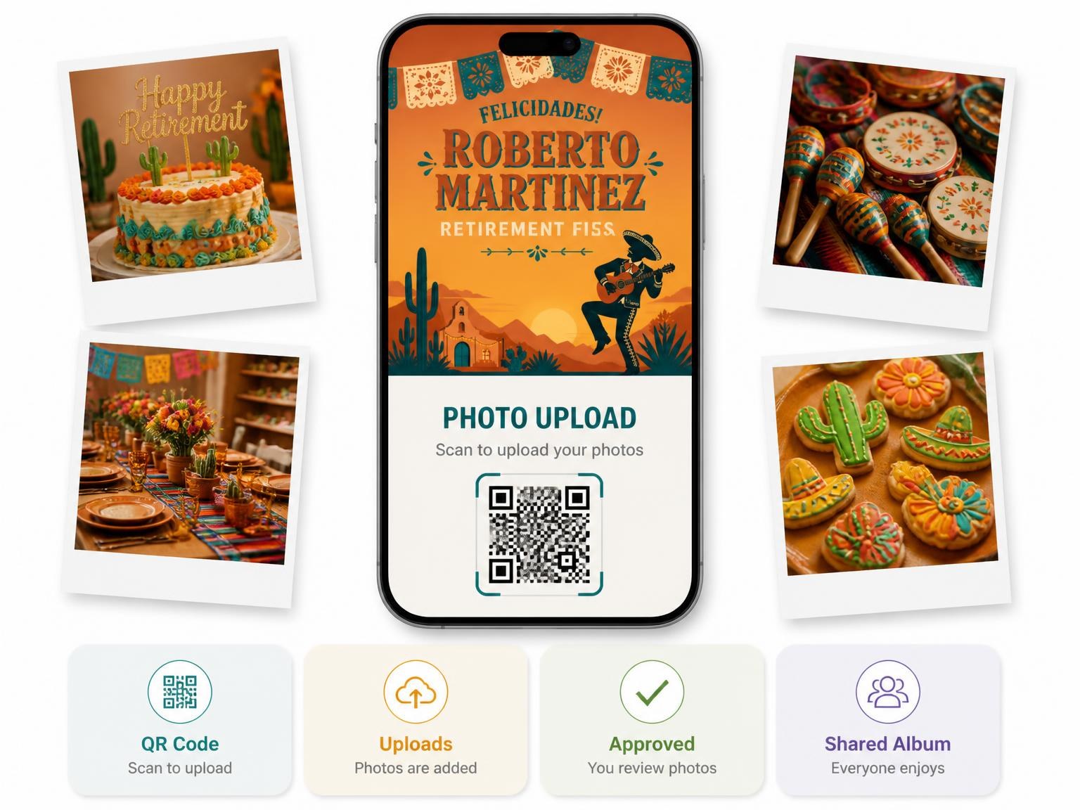 The shared photo gallery that comes with the Terracotta Papel Picado Retirement Fiesta invitation