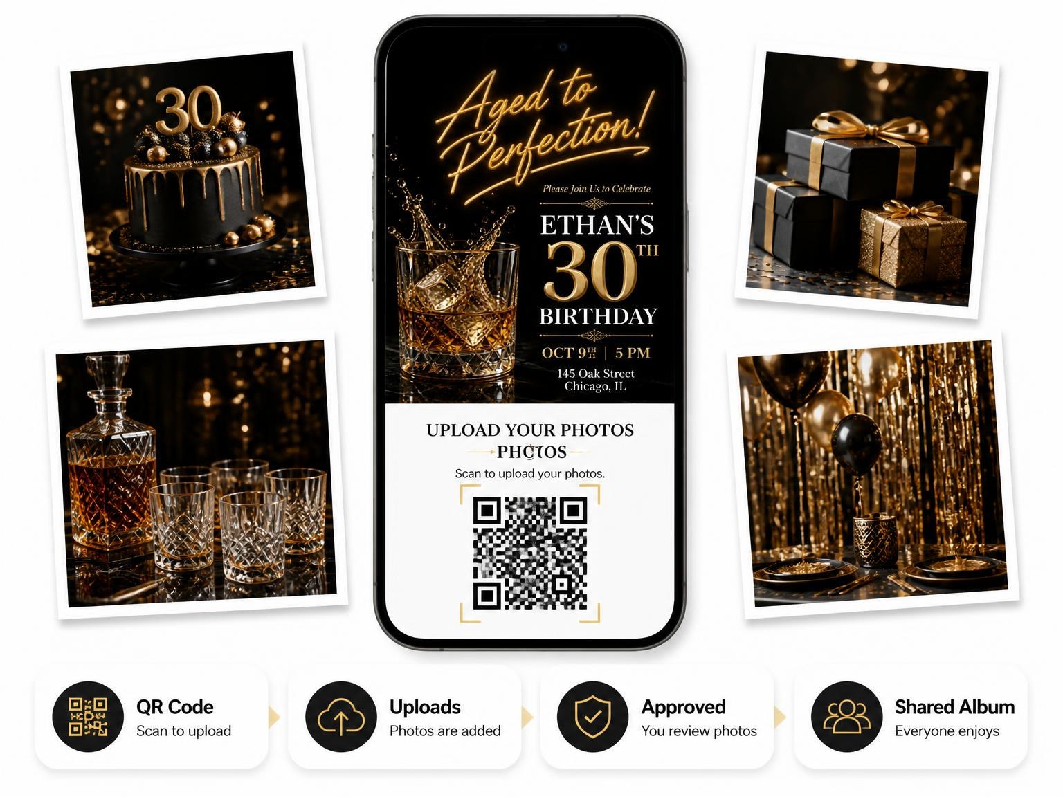 The shared photo gallery that comes with the Crystal Whiskey 30th Birthday Invitation invitation