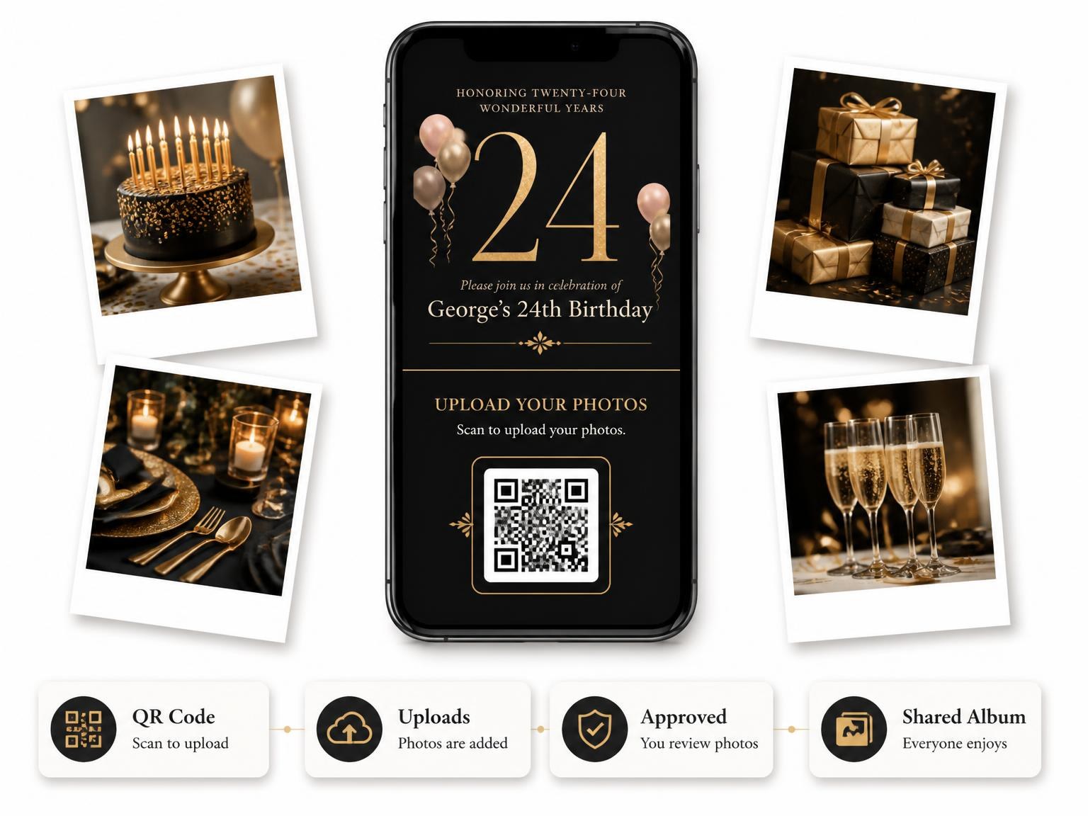 The shared photo gallery that comes with the Charcoal and Blush 24th Birthday Invitation invitation