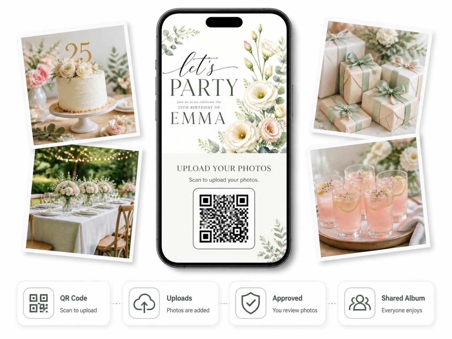 The shared photo gallery that comes with the Eucalyptus Branch Ivory 25th Birthday Invitation invitation