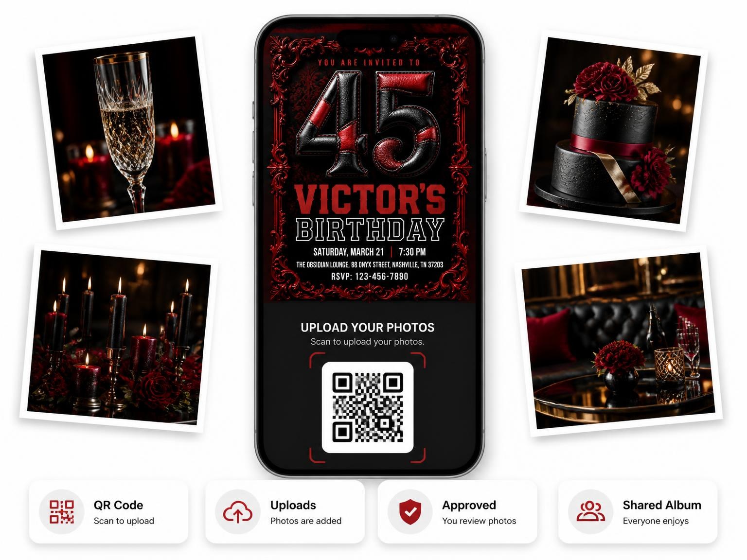The shared photo gallery that comes with the Red and Black Baroque 45th Birthday invitation