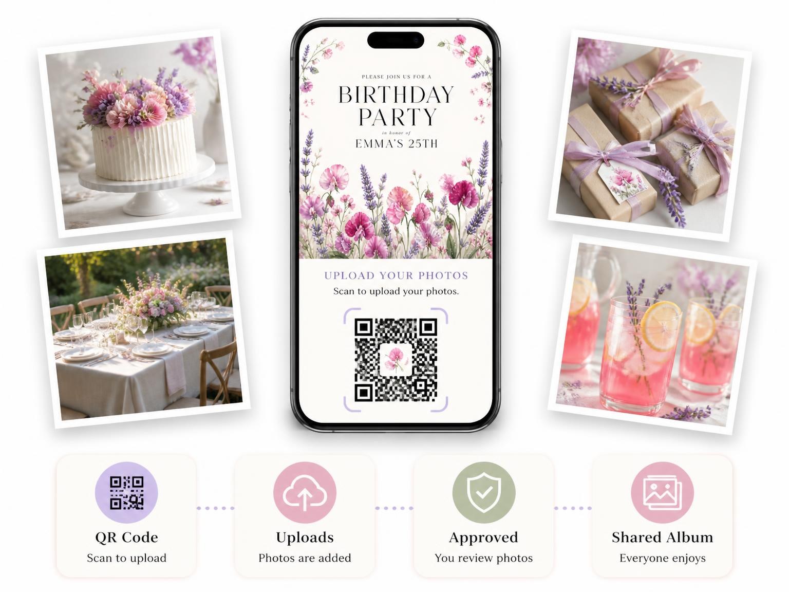 The shared photo gallery that comes with the Fuchsia Lavender Meadow 25th Birthday Invitation invitation