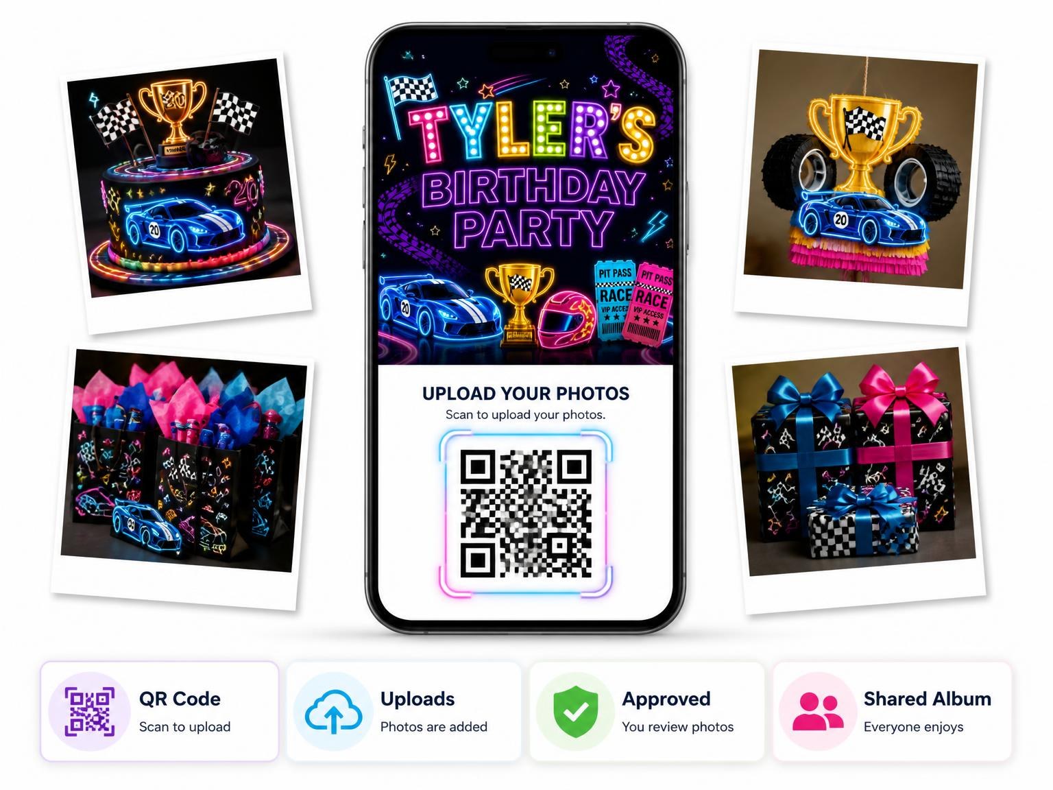 The shared photo gallery that comes with the Neon Race Cars 20th Birthday Invitation invitation