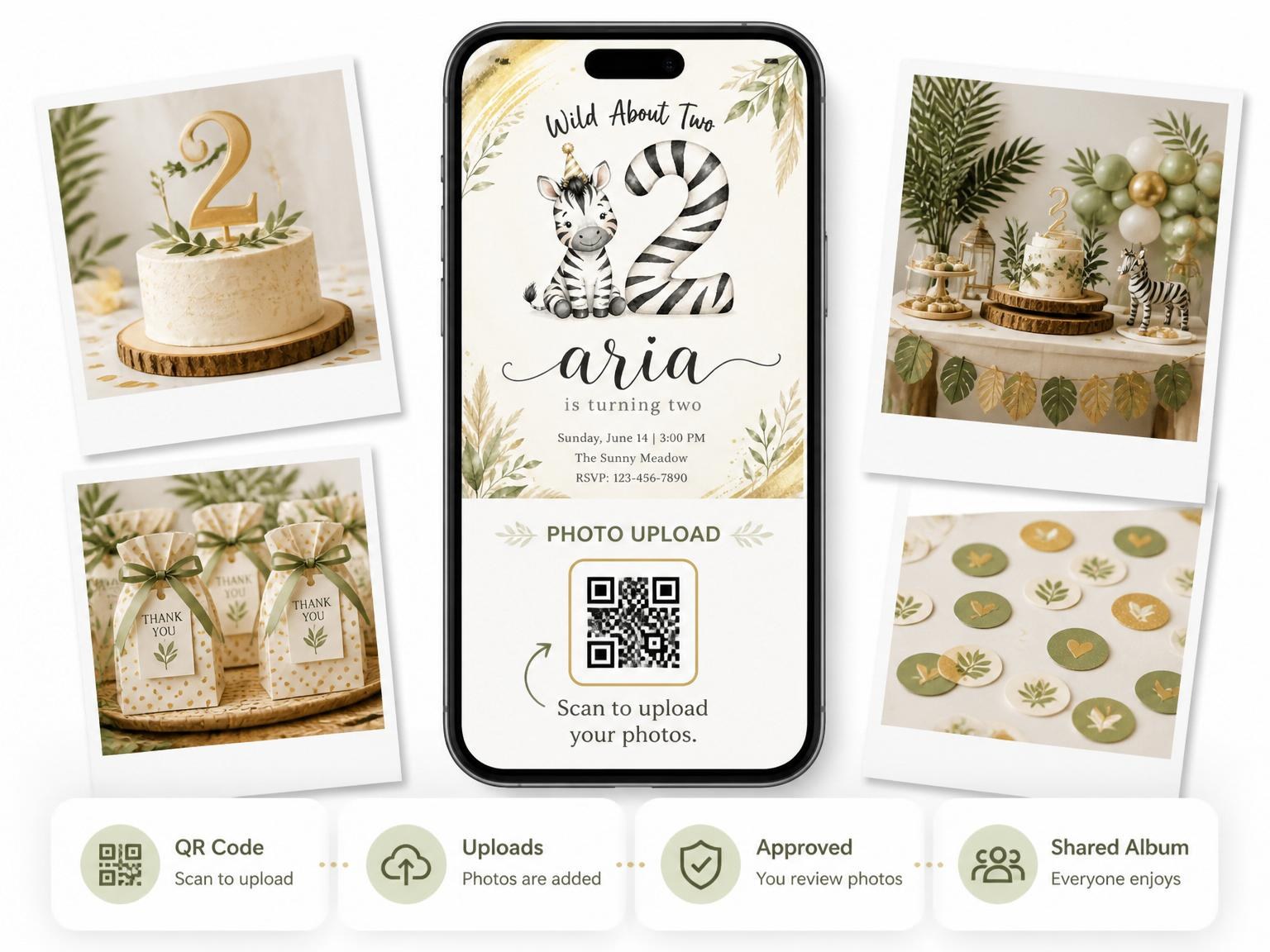 The shared photo gallery that comes with the Gold Watercolor Zebra 2nd Birthday invitation