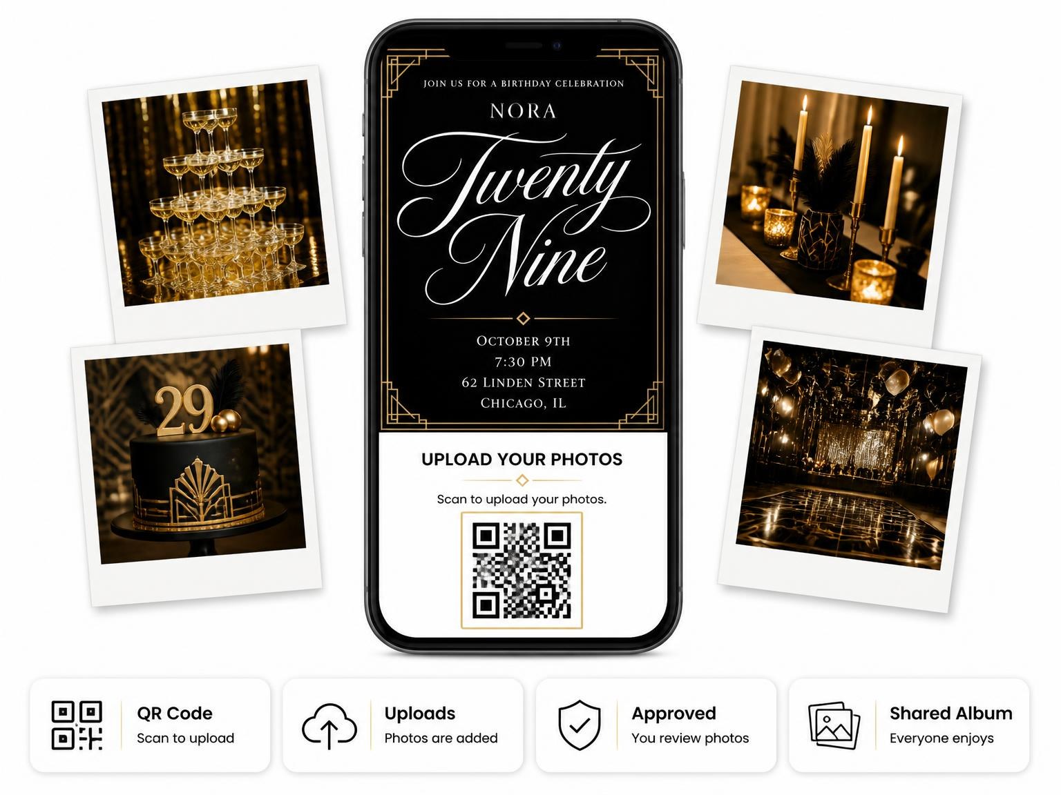 The shared photo gallery that comes with the Art Deco 29th Birthday Invitation invitation