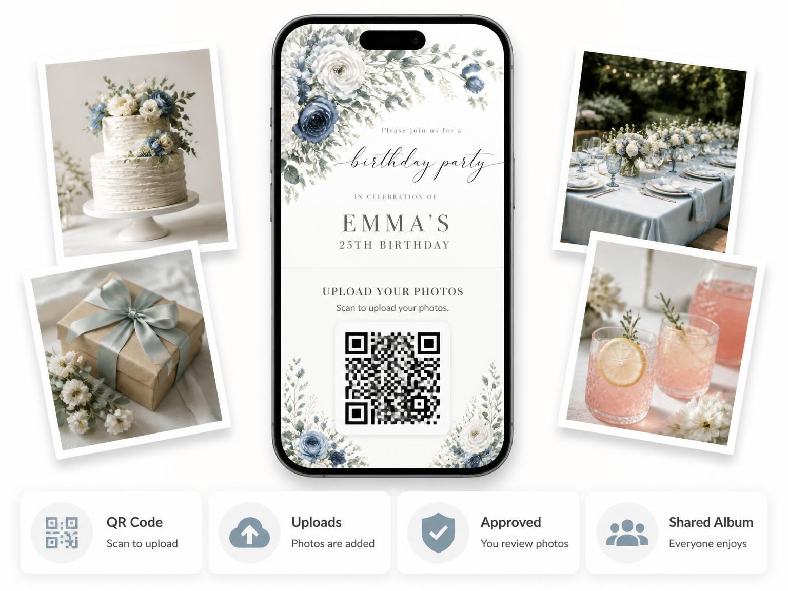 The shared photo gallery that comes with the Floral Milestone Dusty Blue 25th Birthday Invitation invitation