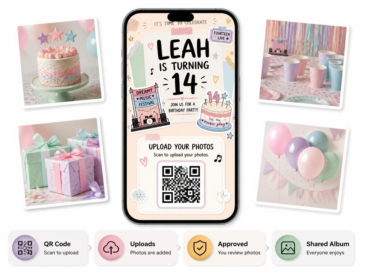 The shared photo gallery that comes with the Concert Stage Pastel 14th Birthday Invitation invitation