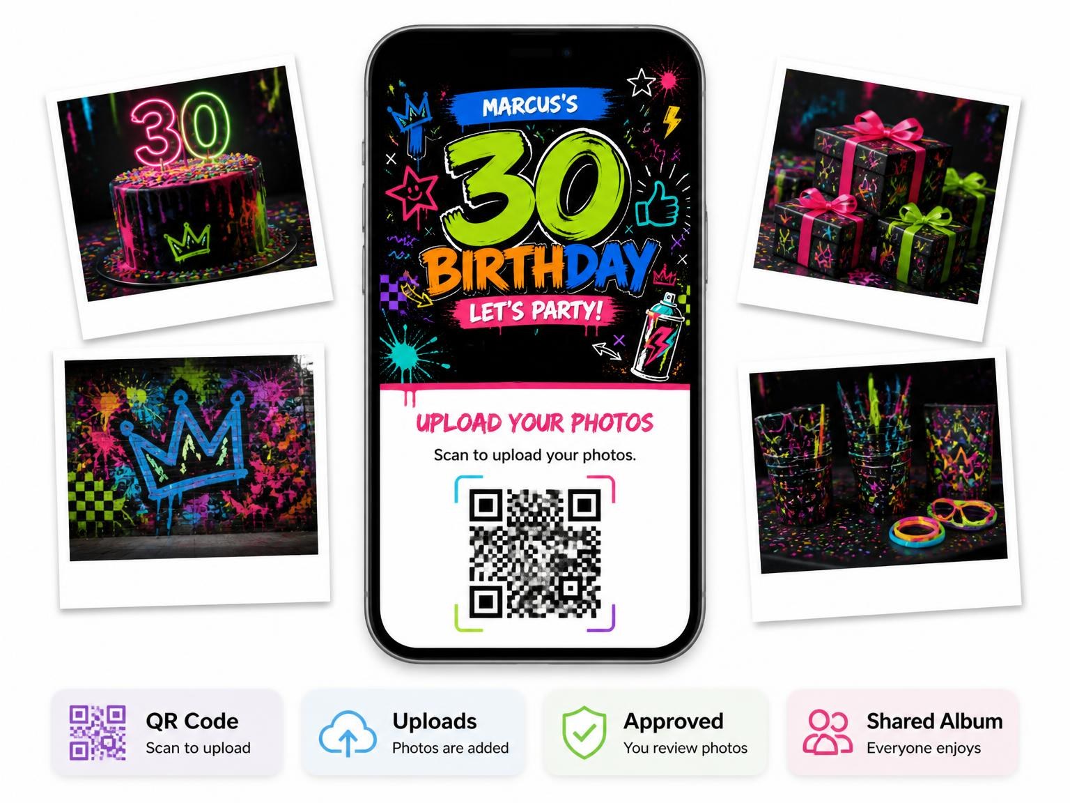 The shared photo gallery that comes with the Graffiti Street Art 30th Birthday Invitation invitation