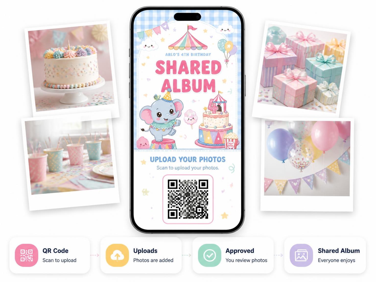 The shared photo gallery that comes with the Pastel Circus 4th Birthday Invitation invitation