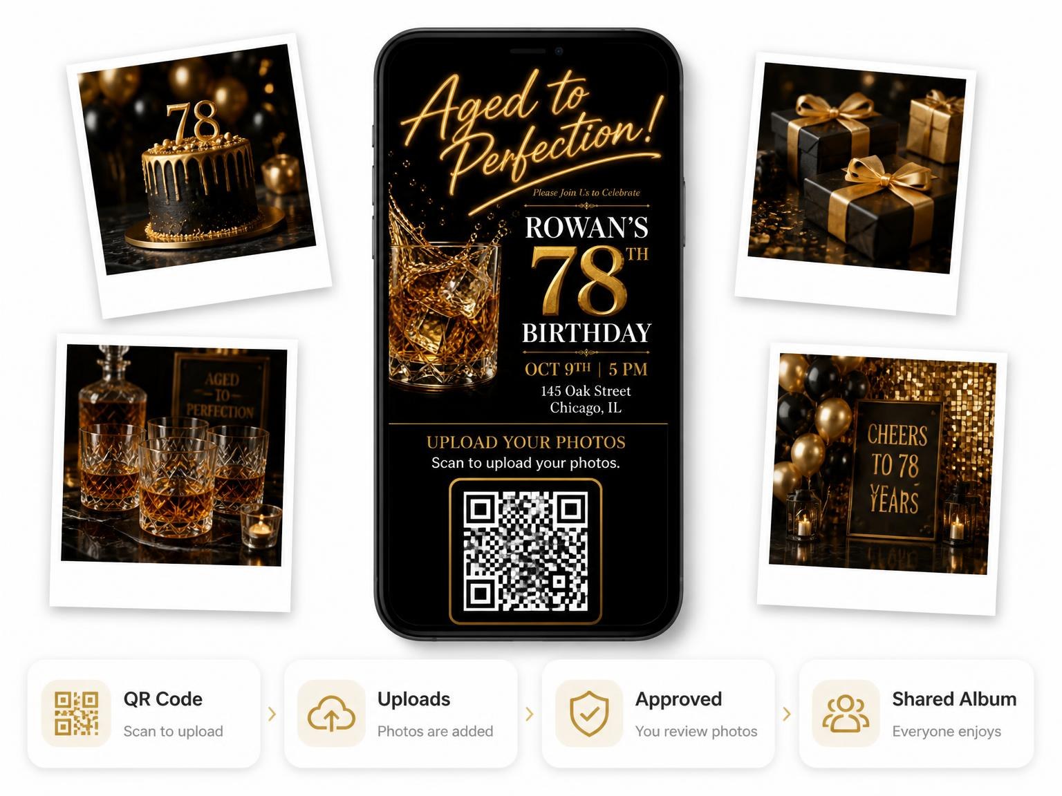 The shared photo gallery that comes with the Whiskey Glass 78th Birthday Invitation invitation