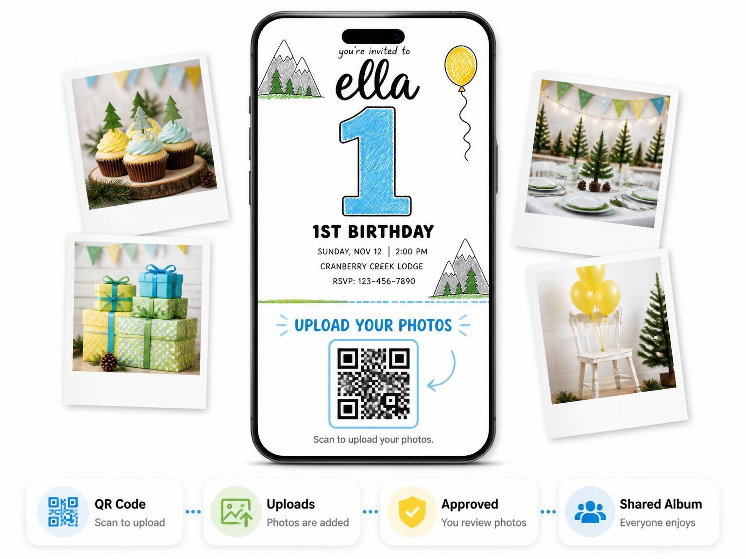 The shared photo gallery that comes with the Crayon Mountain Pine 1st Birthday invitation