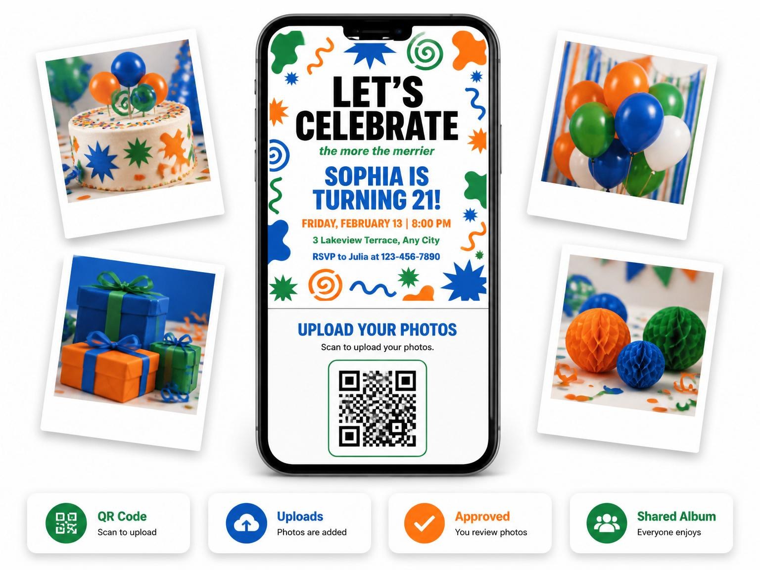 The shared photo gallery that comes with the Memphis Geometric Print Birthday Invitation invitation