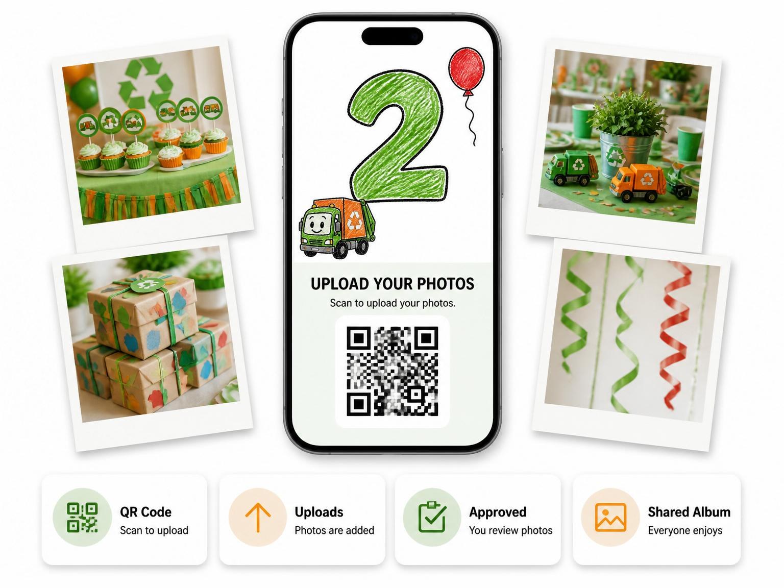 The shared photo gallery that comes with the Crayon Art Recycling Truck 2nd Birthday invitation