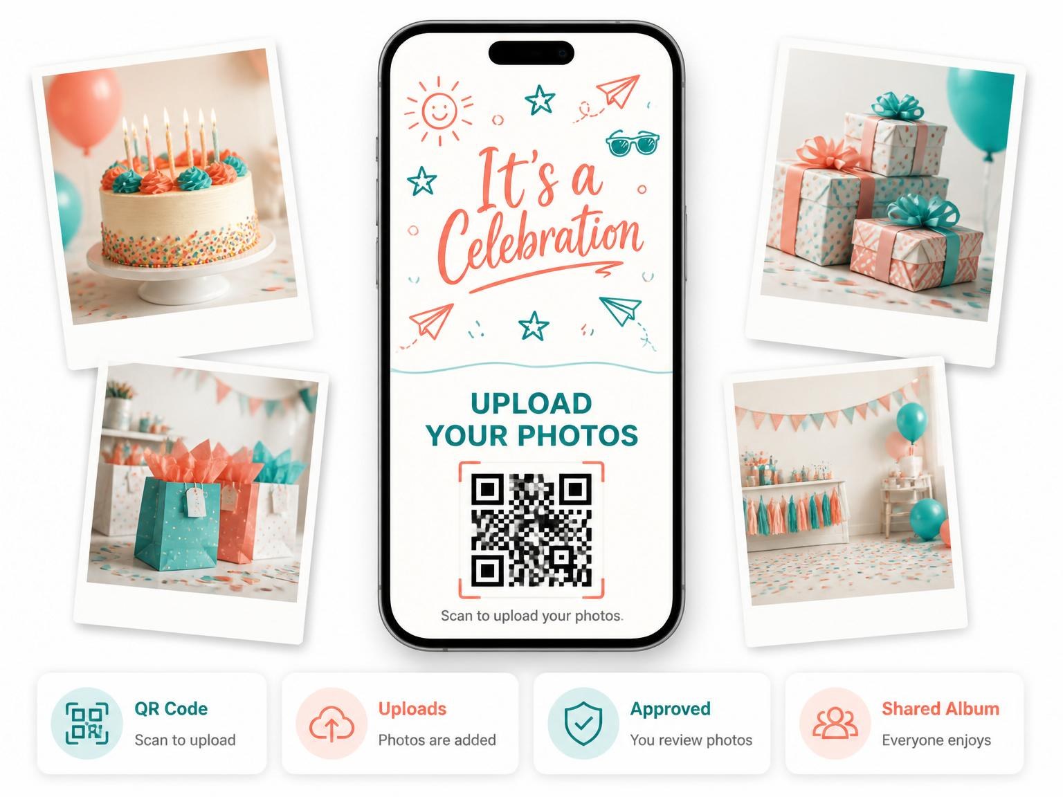 The shared photo gallery that comes with the Coral and Teal Doodle 12th Birthday invitation