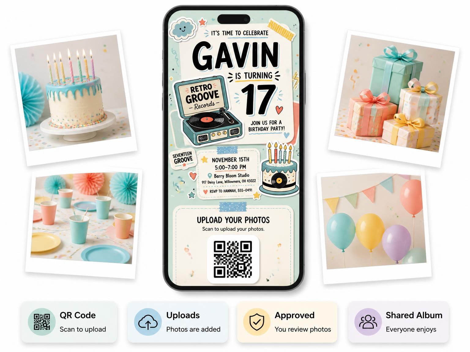 The shared photo gallery that comes with the Record Player Pastel 17th Birthday Invitation invitation