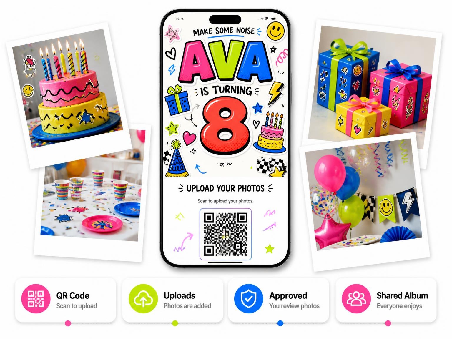 The shared photo gallery that comes with the Sticker Pop 8th Birthday Invitation invitation
