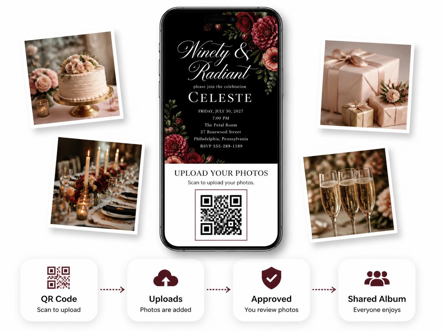 The shared photo gallery that comes with the Black Floral 90th Birthday Invitation invitation