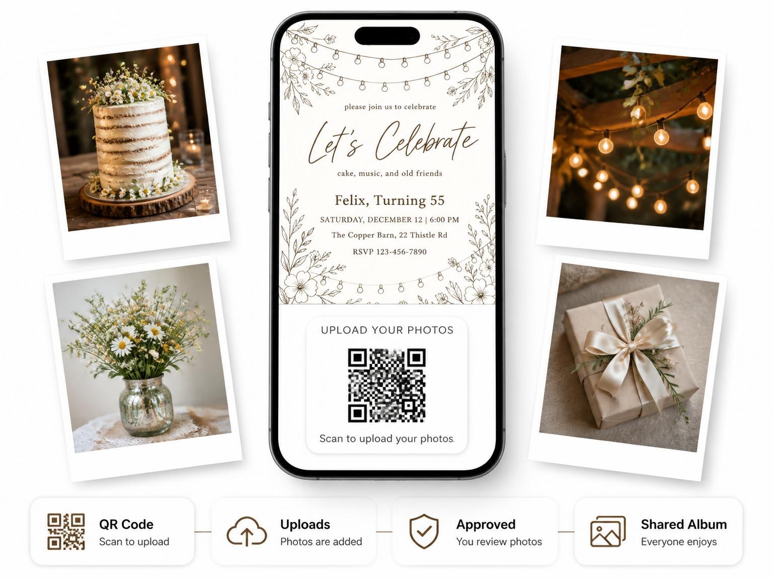The shared photo gallery that comes with the Cream Brown Floral String Light 55th Birthday invitation