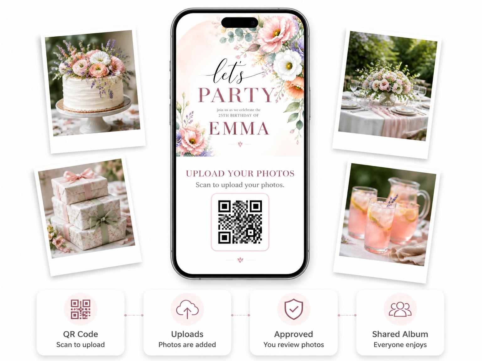 The shared photo gallery that comes with the Pastel Floral Garden 25th Birthday Invitation invitation