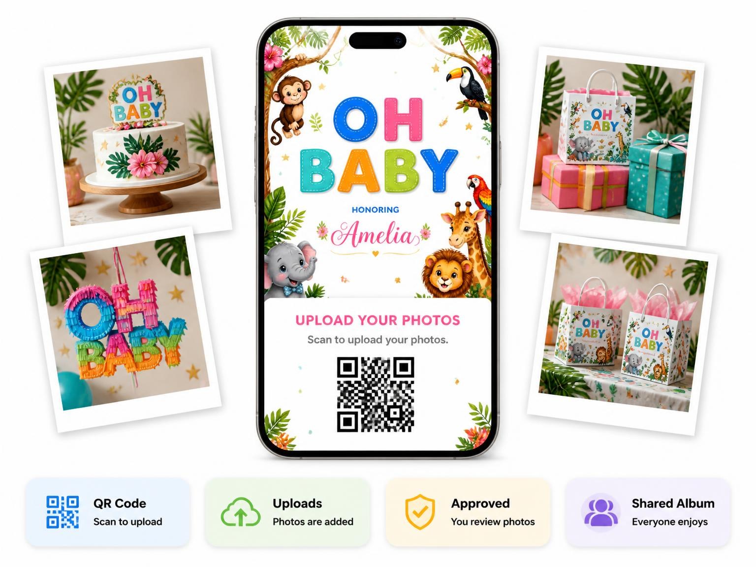 The shared photo gallery that comes with the Animals Baby Shower Invitation invitation