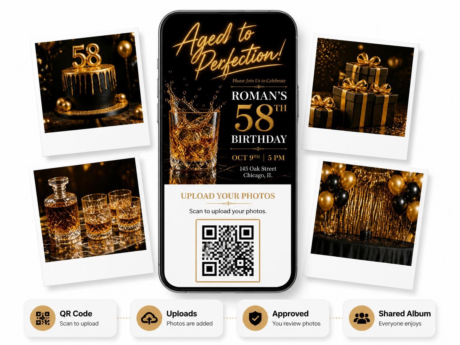 The shared photo gallery that comes with the Crystal Whiskey 58th Birthday Invitation invitation