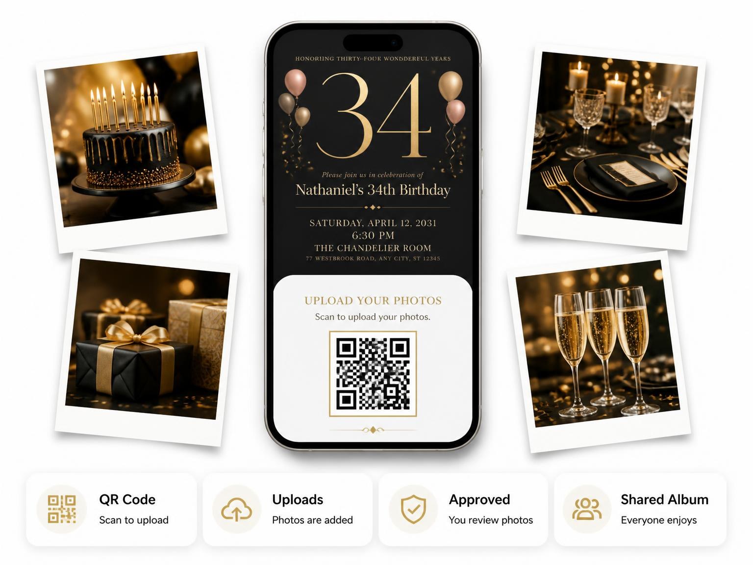 The shared photo gallery that comes with the Charcoal and Blush 34th Birthday Invitation invitation