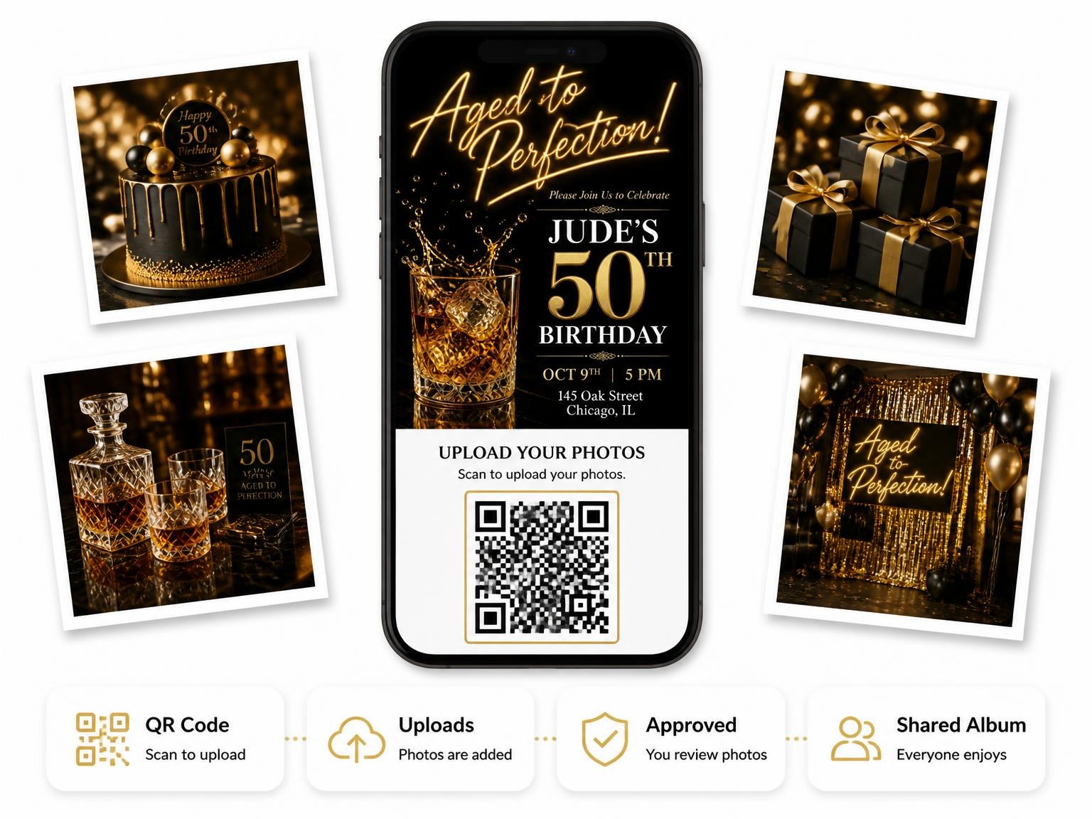 The shared photo gallery that comes with the Whiskey Tumbler 50th Birthday Invitation invitation