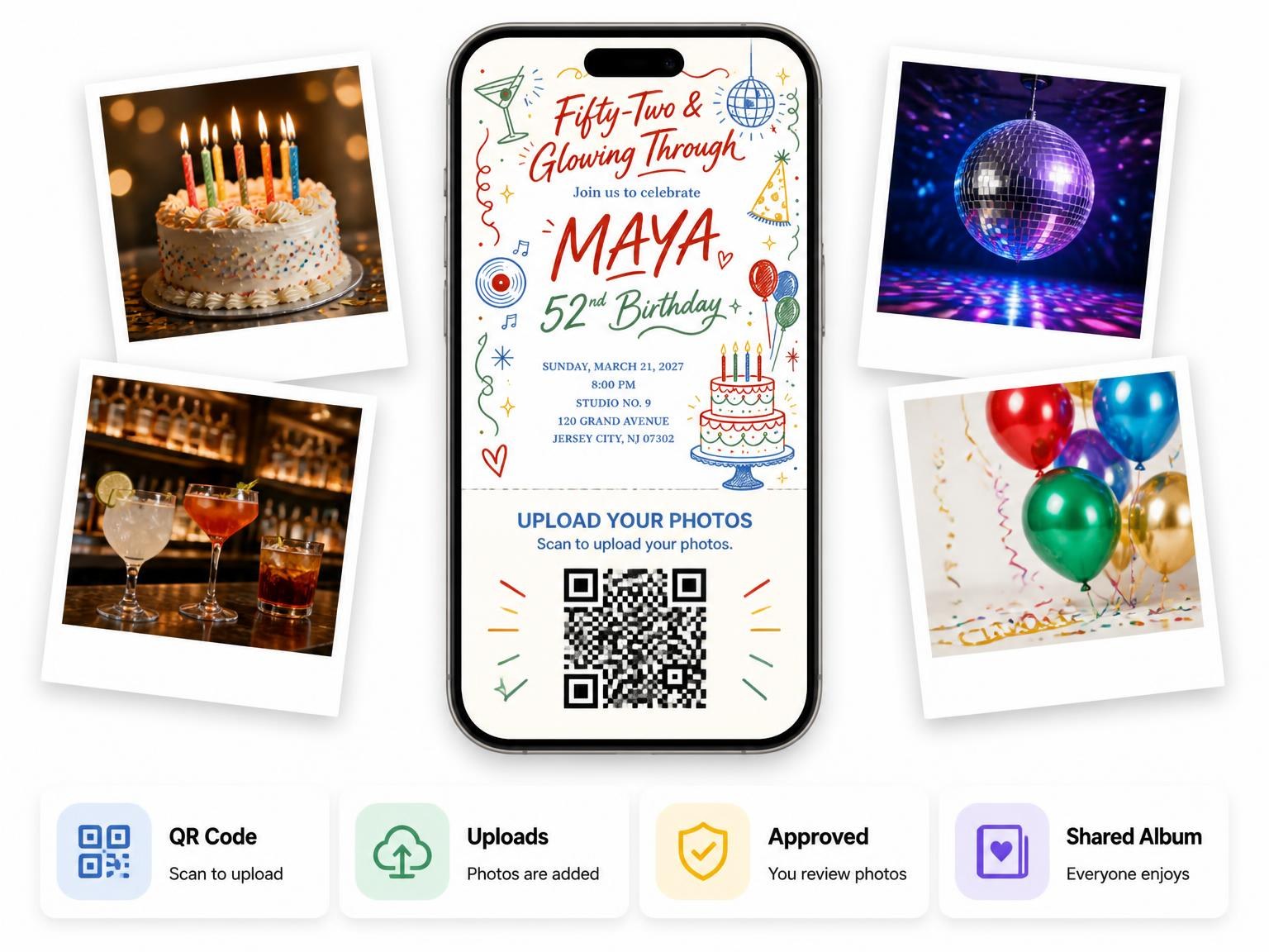 The shared photo gallery that comes with the Retro Doodle 52nd Birthday Invitation invitation
