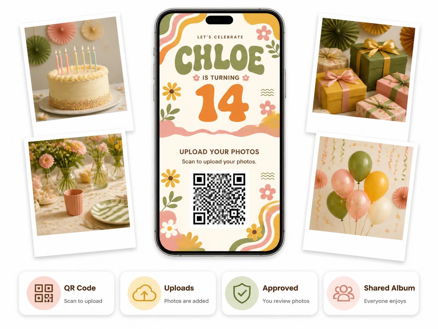 The shared photo gallery that comes with the Groovy Retro 14th Birthday Invitation invitation