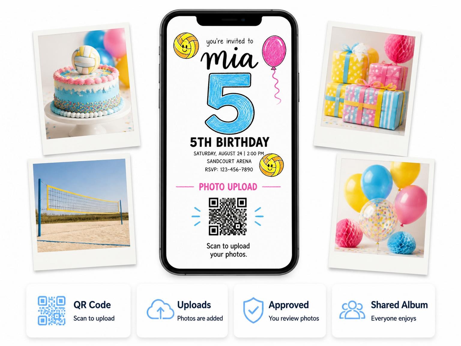 The shared photo gallery that comes with the Crayon Volleyball Sport 5th Birthday Invite invitation
