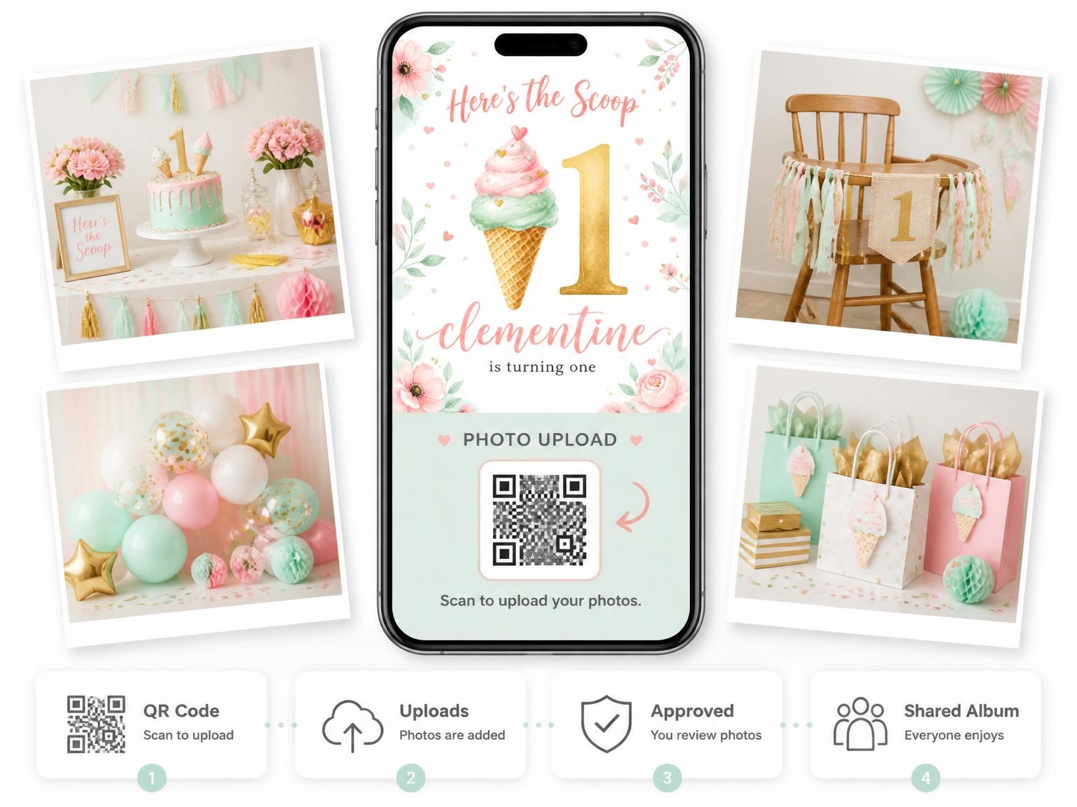 The shared photo gallery that comes with the Watercolor Ice Cream 1st Birthday invitation