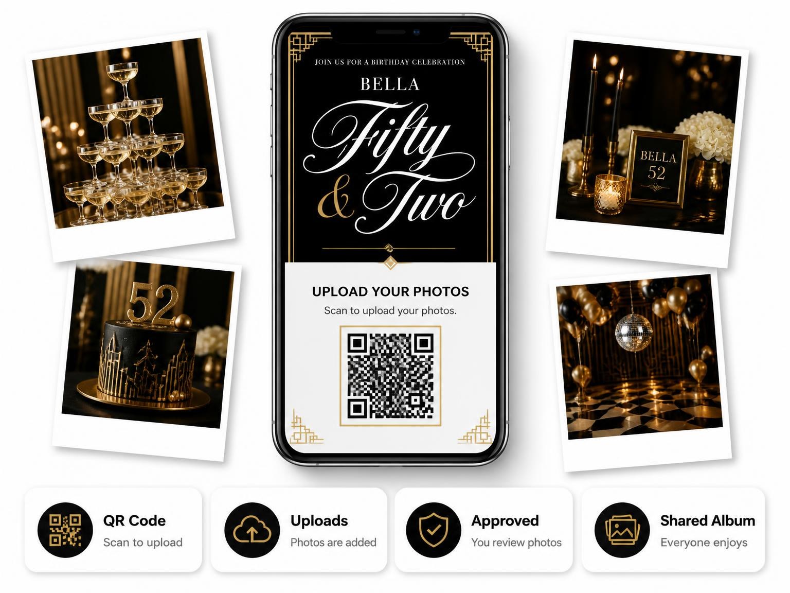 The shared photo gallery that comes with the Art Deco 52nd Birthday Invitation invitation