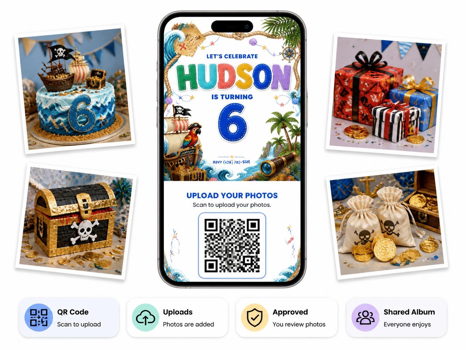 The shared photo gallery that comes with the Pirate Adventure 6th Birthday Invitation invitation