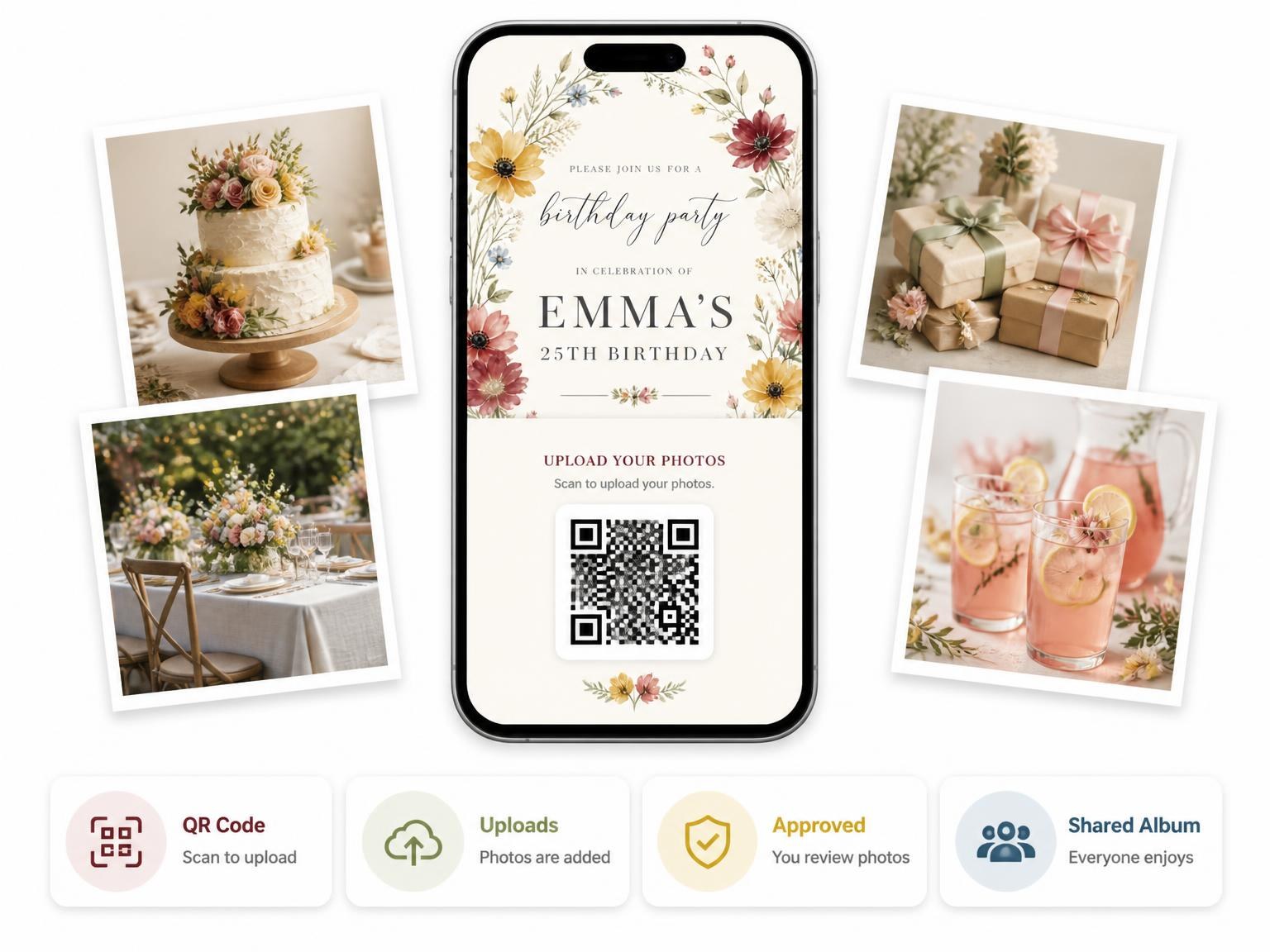 The shared photo gallery that comes with the Floral Wreath Golden 25th Birthday Invitation invitation