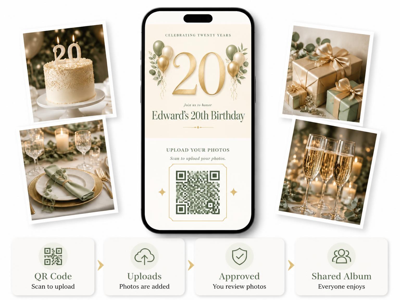 The shared photo gallery that comes with the Sage and Ivory 20th Birthday Invitation invitation