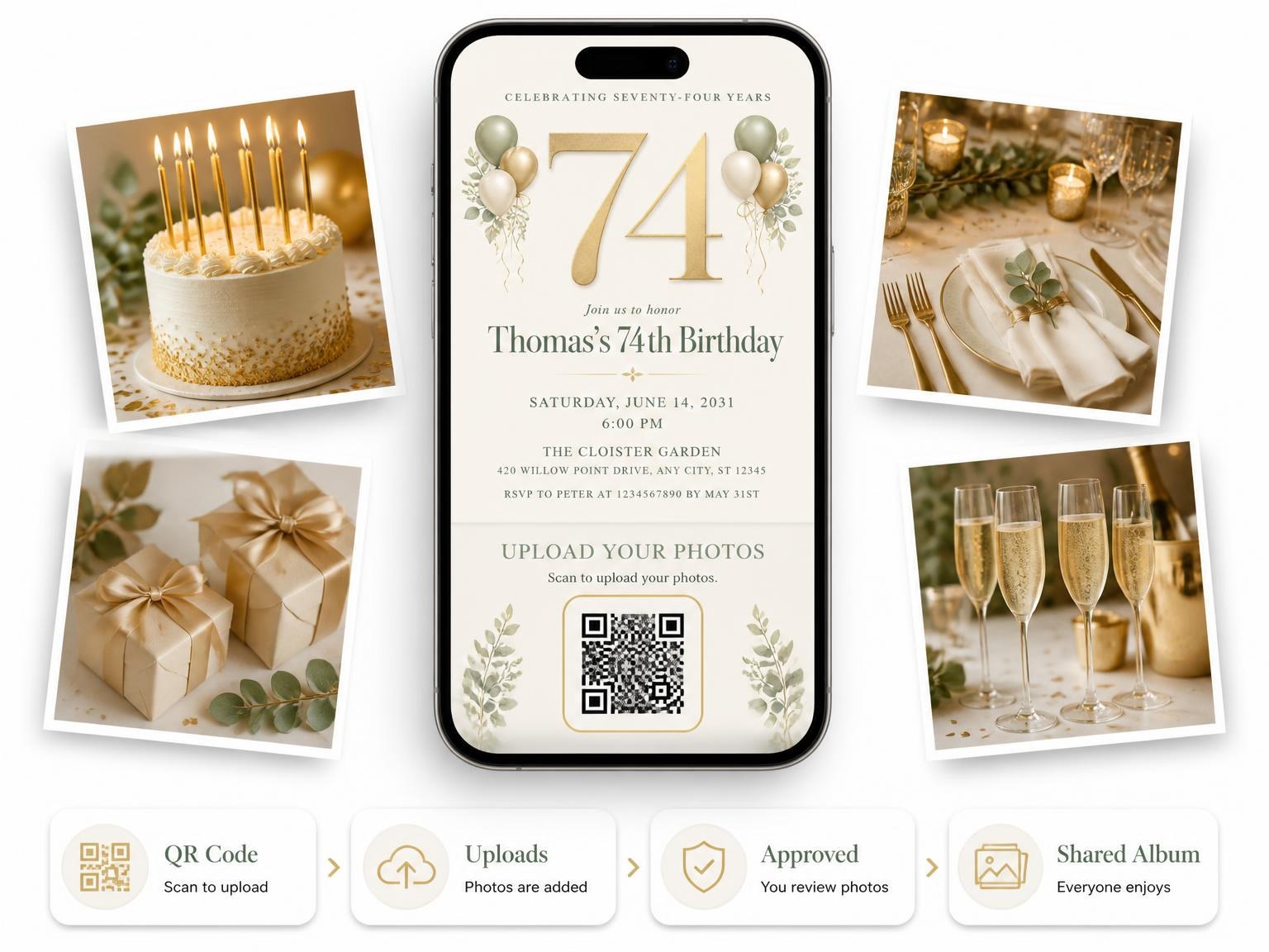 The shared photo gallery that comes with the Sage and Ivory 74th Birthday Invitation invitation