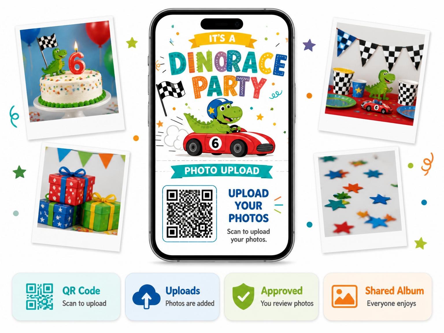 The shared photo gallery that comes with the Turbo Dino Racing 6th Birthday Adventure invitation