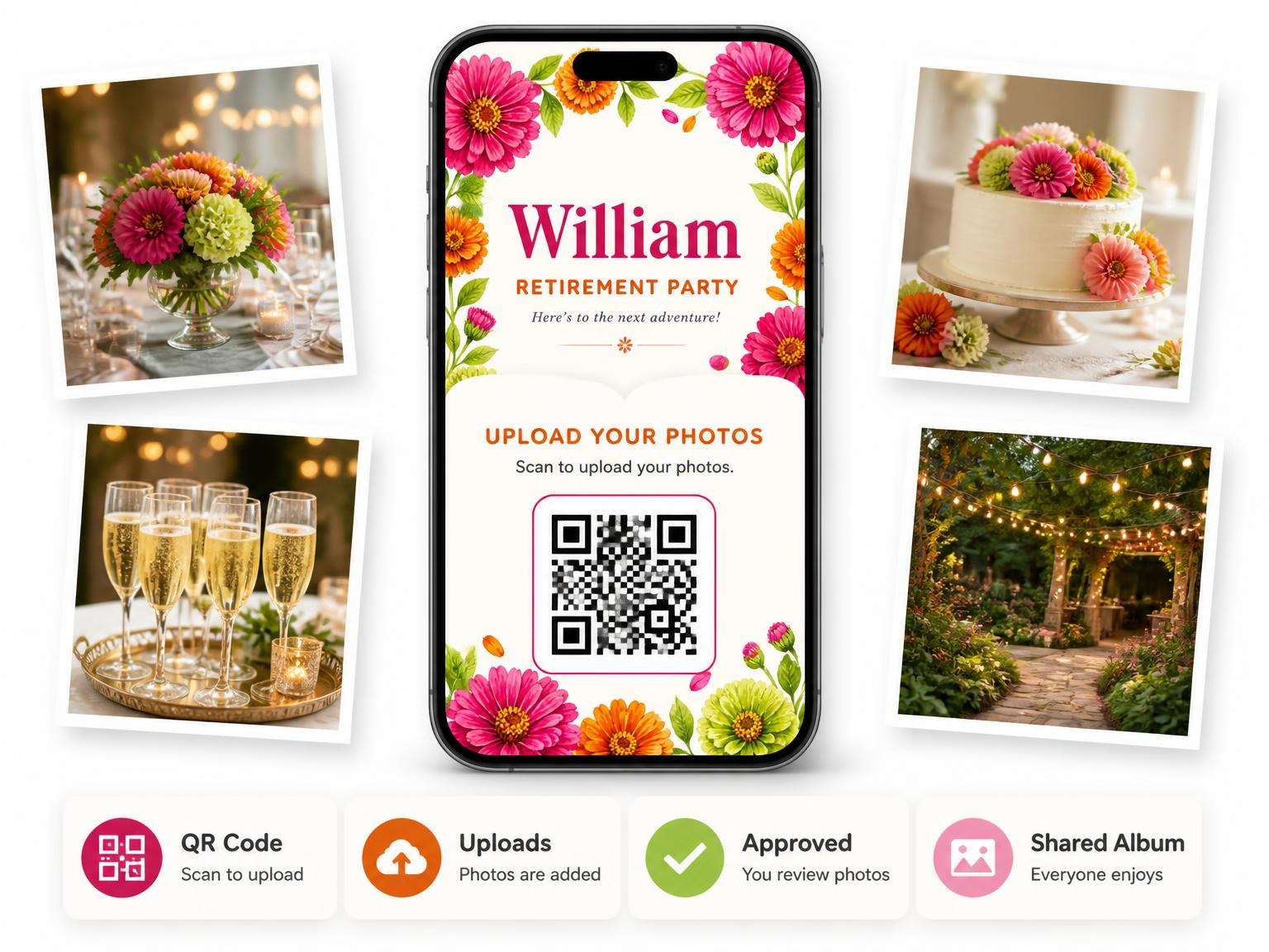 The shared photo gallery that comes with the Blossoms Foliage Retirement Party Invitation invitation
