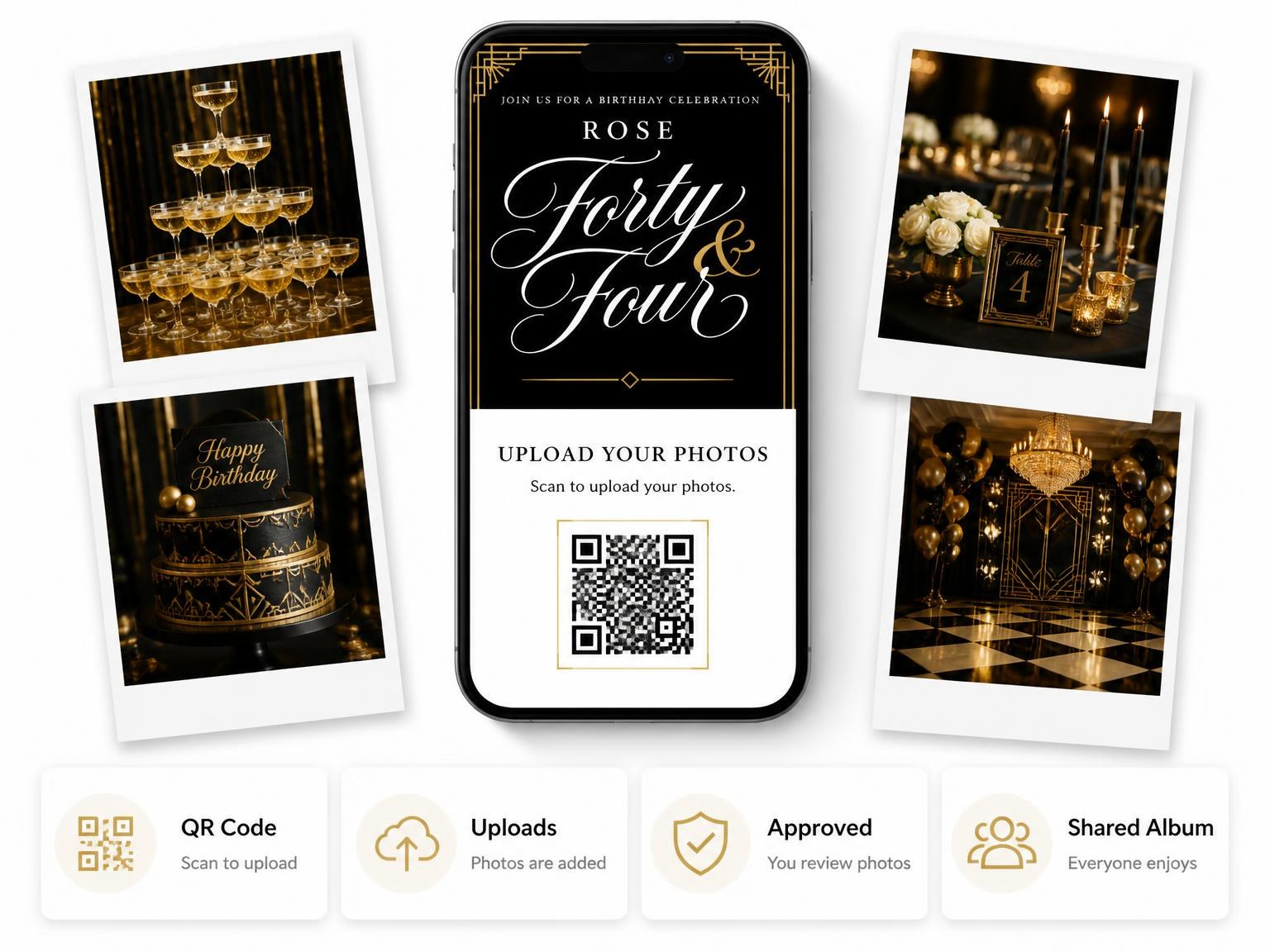 The shared photo gallery that comes with the Art Deco 44th Birthday Invitation invitation