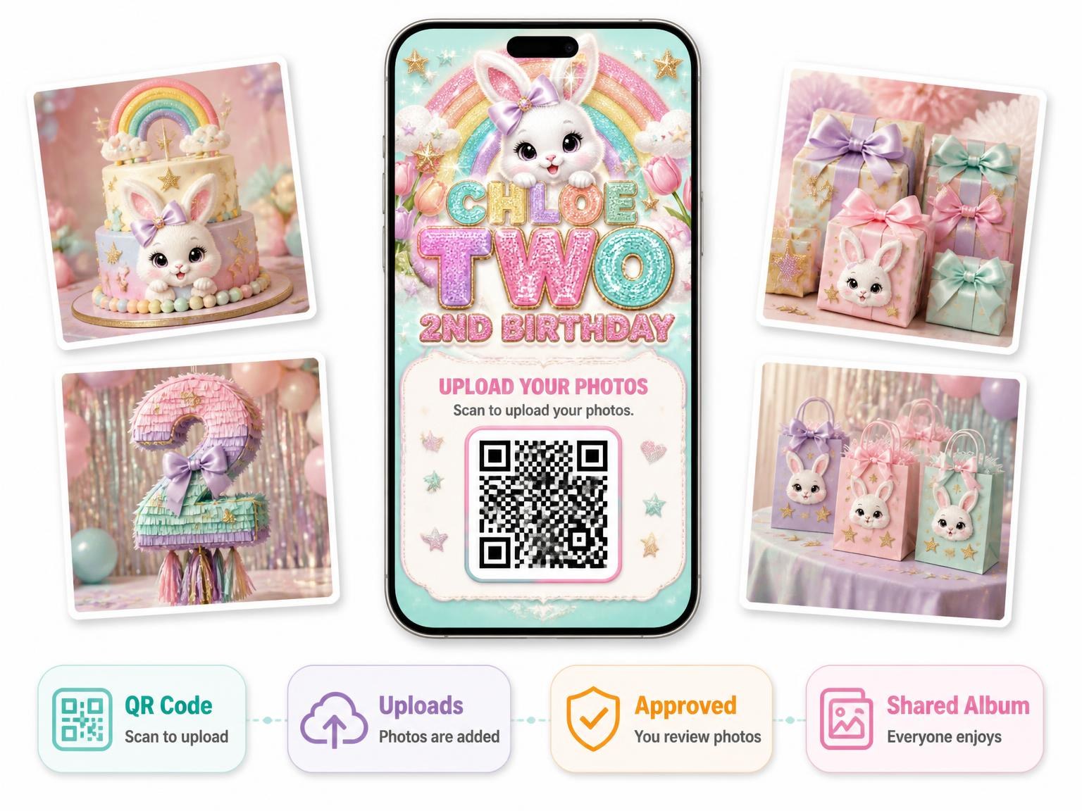 The shared photo gallery that comes with the Glitter Sparkle Bunny 2nd Birthday Invitation invitation