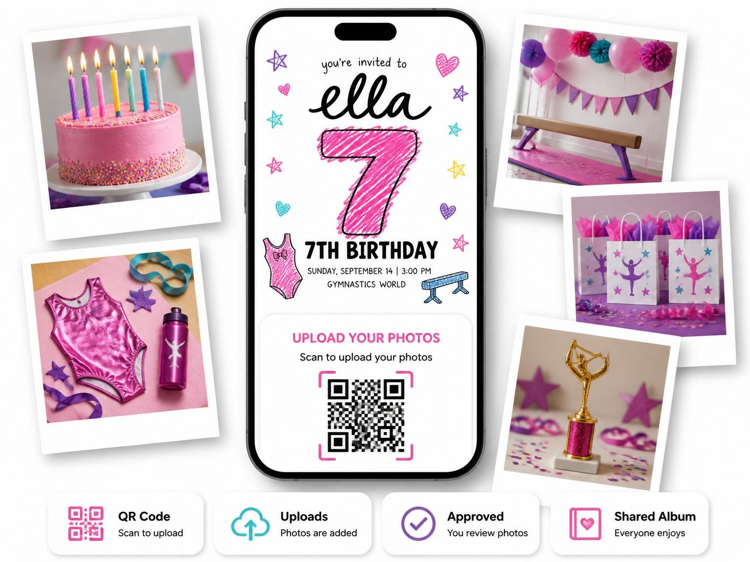 The shared photo gallery that comes with the Crayon Gymnastics Girl's 7th Birthday Invitation invitation