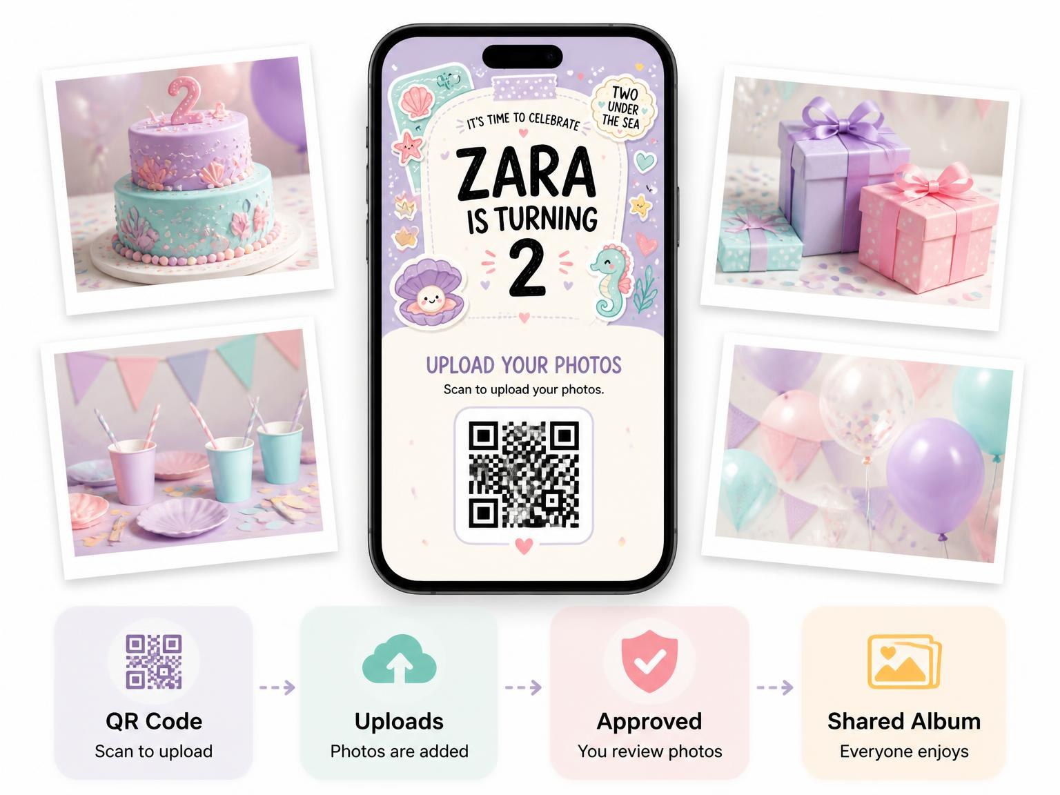 The shared photo gallery that comes with the Mermaid Pastel 2nd Birthday Invitation invitation