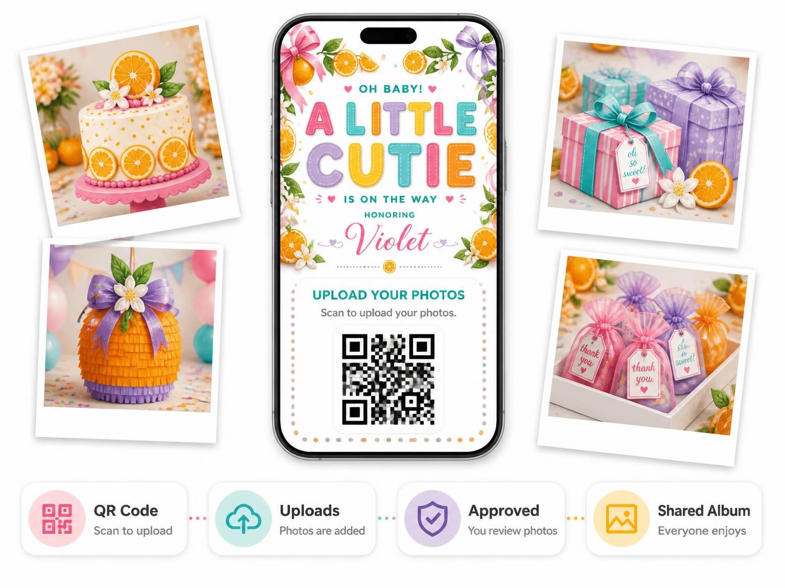 The shared photo gallery that comes with the Cutie Oranges Baby Shower Invitation invitation