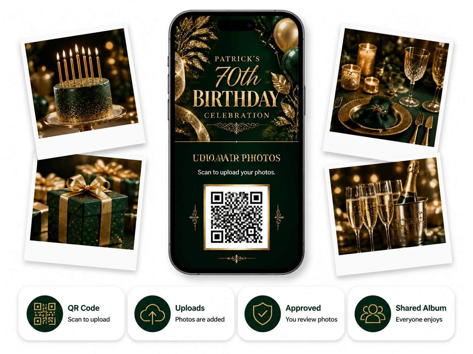 The shared photo gallery that comes with the Emerald and Champagne 70th Birthday Invitation invitation