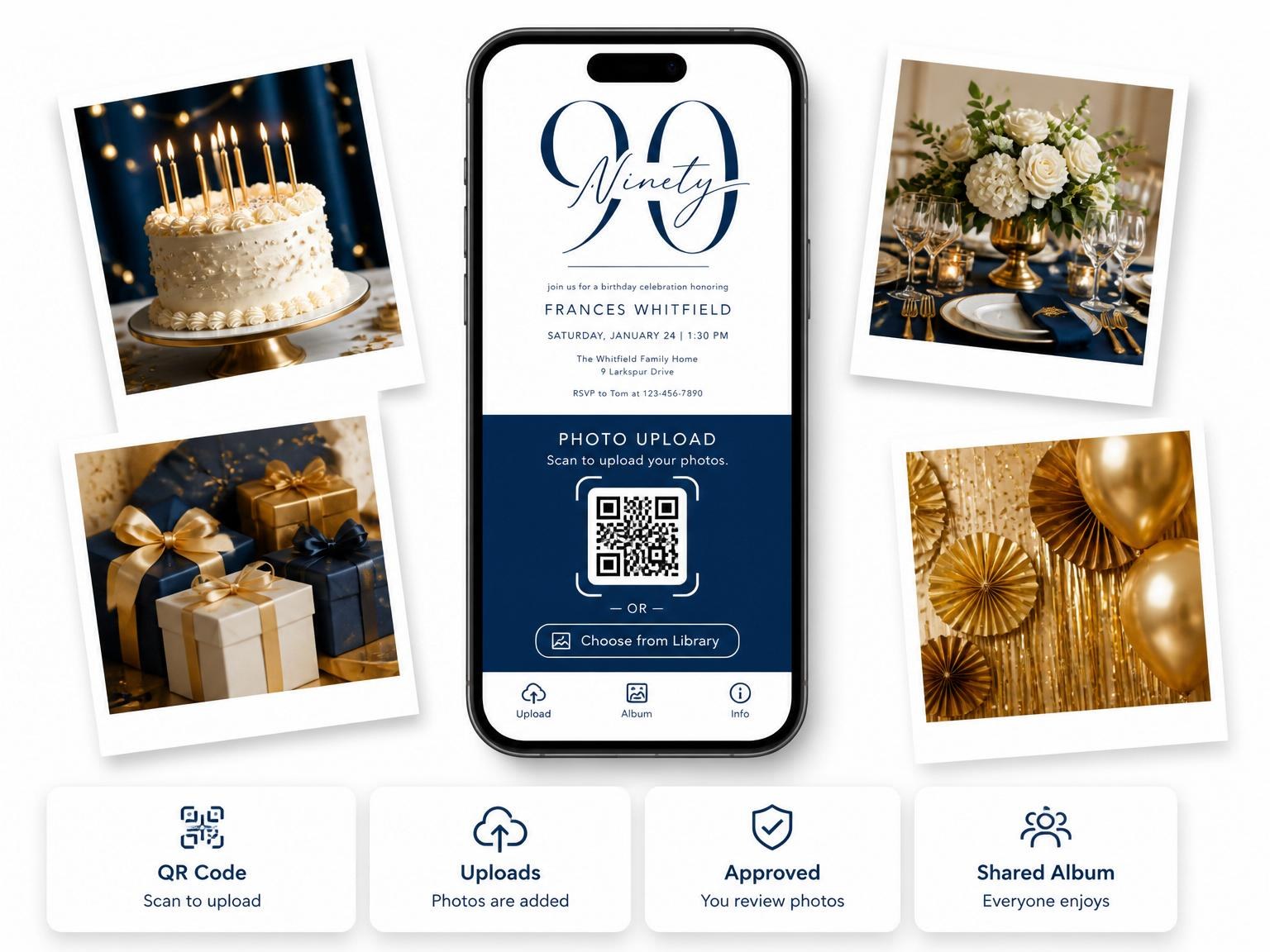 The shared photo gallery that comes with the Minimalist Navy Ninety Milestone invitation